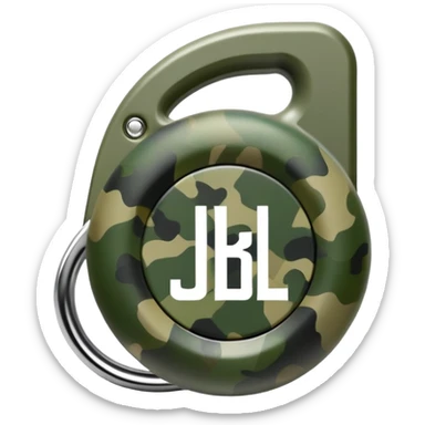 Abstract JBL Clip 4 with round shape, integrated clip, green camo pattern, and small JBL logo, iOS emoji style sticker