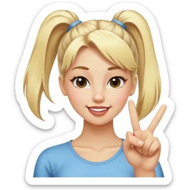 blonde girl with high pony tail hair, winking and making peace sign sticker
