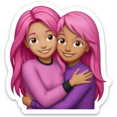 Surprisingly goofy once they open up. Strong, loyal, and incredibly supportive — but still hates wasting time. one woman with long pink hair hugging another woman with short  dark hair sticker