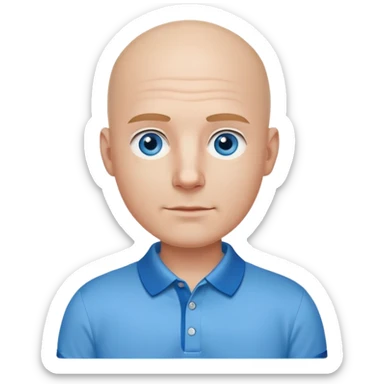 bald man, face and neck, blue eyes, kind face, polo shirt in a business setting and IT background sticker