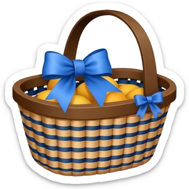 A basket with a blue ribbon on the handle sticker