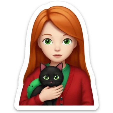 Ginger long straight hair with a red cardigan holding a black cat sticker