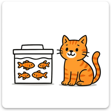 A red-haired cat and a goldfish aquarium in doodle style, more cartoonish sticker