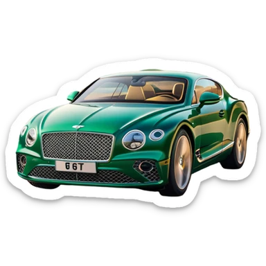 Bentley Continental GT (2022) – cinematic-realistic Bentley Continental GT, its deep emerald green paint reflecting the golden hour sunlight as it cruises along a coastal highway. The roar of its W12 engine builds as it accelerates, the plush leather interior offering an unmatched blend of luxury and performance. sticker