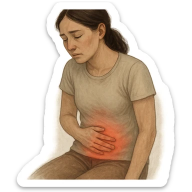emotional realism wellness illustration of a woman standing or sitting with hand resting gently on lower abdomen, posture slightly curved forward as if experiencing internal discomfort, soft reddish glow in abdominal and pelvic area symbolizing imbalance, calm minimal setting with muted tones and natural lighting, introspective or weary expression sticker