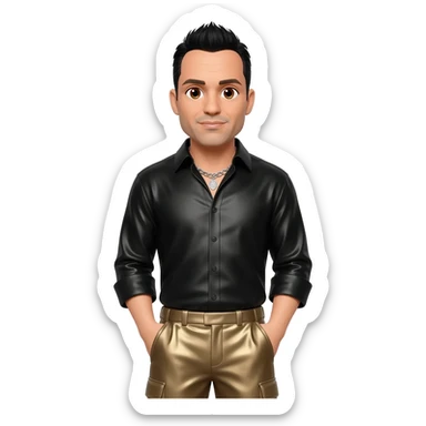 Steve-O with brown eyes, black hair, black metallic shirt, taupe metallic baggy pants, silver necklace sticker
