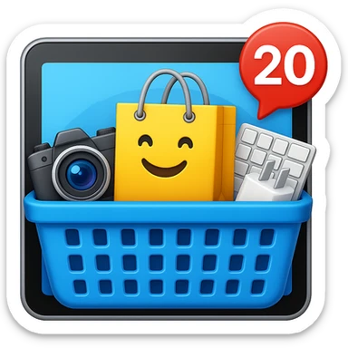 Create a high fidelity emoji style variant with smooth edges featuring a tablet instead of a monitor, a shopping basket showing tech items like a camera, keyboard, and charger instead of food, and an emoji shopping bag. The style should resemble emoji style with smooth edges and high detail. sticker
