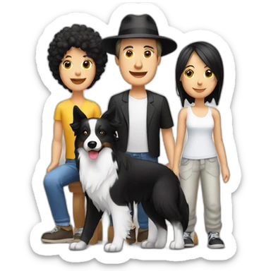 white family group consisting of man in hat and woman with black ponytail long hair and small black border collie dog sticker