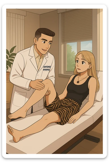 fai un webtoon/manga a colori con questo kinesiologo in camice bianco (fagli la scritta "ANTONIO ANANIA" SUL CAMICE) CHE SVOLGE UN TEST NEUROMUSCOLARE SOLLEVANDO UNA GAMBA ALLA RAGAZZA CHE è STESA SU UN LETTINO BIANCO. STANZA SEMPLICE E MODERNA, DURANTE IL TEST I DUE DIALOGANO TRA LORO. NON FARE I FUMETTI, FAI SOLO LORO COME SE DIALOGASSERO sticker