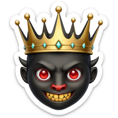 a black, shining crown with a devil face sticker
