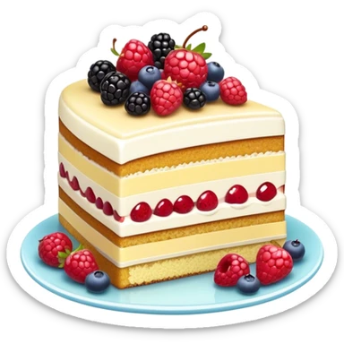 Cinematic luxurious slice of cake, delicate layers of moist sponge and rich frosting, beautifully decorated with fresh berries and a glossy glaze, soft glowing light, elegant and indulgent. sticker
