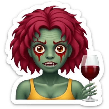 Uma zumbi garota com cabelo vermelho vinho ondulado e grande e franja grande reta sticker