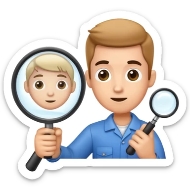 cartoon mechanic looking at small car through large magnifying glass sticker