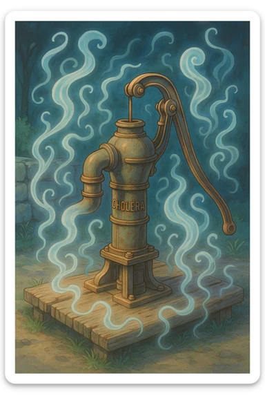 a Ghibli-style water pump with a ghostly cholera presence swirling around it sticker
