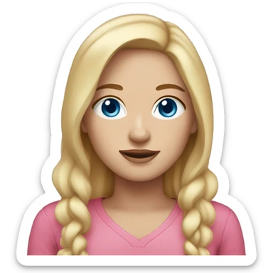 a woman with freckles and blue eyes, light skin, blonde hair and dark roots. pink clothes sticker