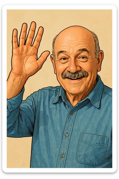 older bald man with a mustache raising his hand, clear and expressive style sticker