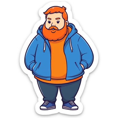 An extremely fat man who is wearing a blue hoodie and he has a orange beard and orange hair sticker