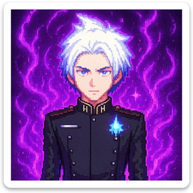 Add purple energy effects around Gojo Satoru in pixel art style, keeping the transparent background. The energy should be vivid and mystical, surrounding the character with glowing purple aura. sticker