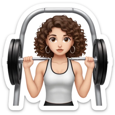 cute girl long brunette balayage curly/wavy not voluminous hair, brown eyes, hoop earrings, natural pretty clean makeup: at the gym struggling with lifting weights sticker