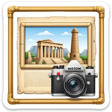 Icon for Historical and Cultural Tourism: iconic landmarks like ancient ruins, a museum and a historical monument, with a travel guidebook and camera. The icon should capture the exploration of history and culture. Transparent background. sticker