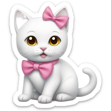 White cat is sitting wearing pink bow sticker
