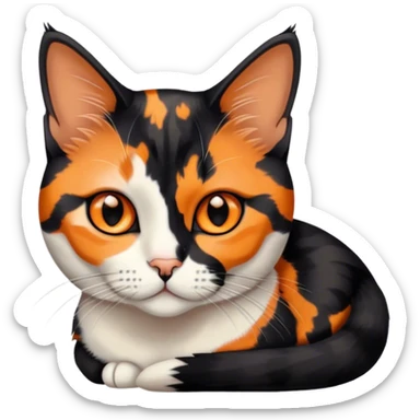 American shorthair calico cat with black fur on the right side of their face and orange on the left side sitting down sticker
