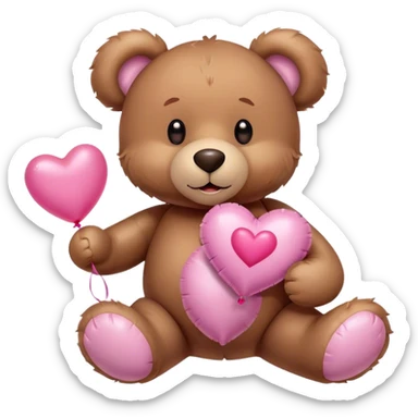 Adorable Plush brown teddy bear holding an inflatable metallic pink heart-shaped balloon in his paw and love letter of the color pink sticker