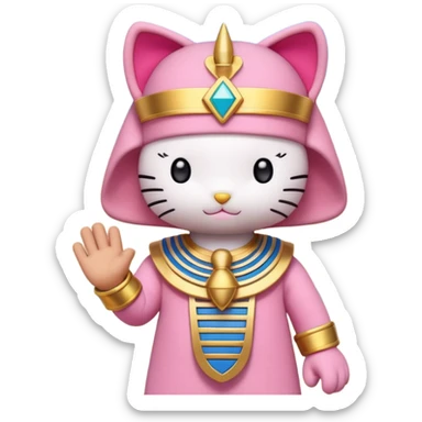 a Hello Kitty–style plush dressed as an Egyptian pharaoh, held by a hand, with a pyramid in the desert background, clear blue sky, natural light, shallow depth of field. sticker