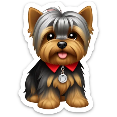 yorkie mezclado con silky pequeño con pelaje café y gris pequeño con collar rojo con cuadros negros  sticker