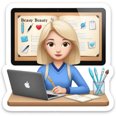 CREATE ME A BEAUTY STUDENT LEARNING A COURSE ON A LAPTOP, ADD BEAUTY TOOLS AROUND, AND NOTES sticker