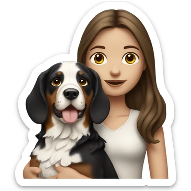 pale girl with long brunette hair holding a swiss mountain dog sticker