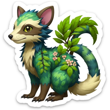 Sharp swampy realistic mossy grassy elemental ivy floral detailed Colorful furry Trico-Sergal-Furret-Ferret-Wolverine-Vernid-furry-fursona-fusion-Fakemon-animal-hybrid-creature, full body sticker