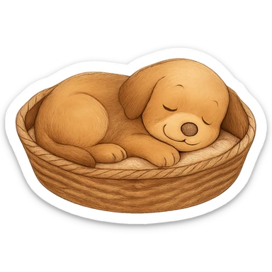 Remove any shadow from the image. Keep the cozy dog sleeping in a basket, peaceful atmosphere. Maintain transparent background. sticker
