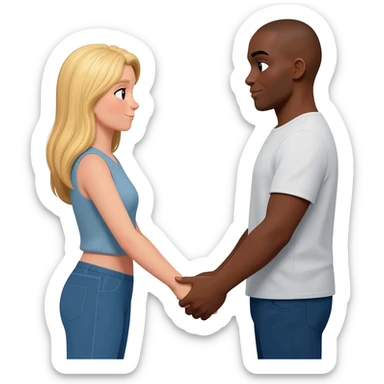 Blonde woman holding hangs with black man with shaved head sticker