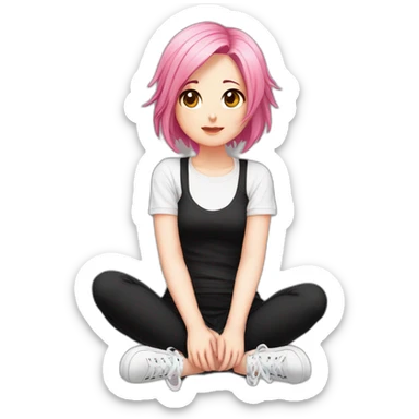 Full body Front view curvy emo girl pink hair sits on the floor straight view hands up black skirt белые трусики sticker