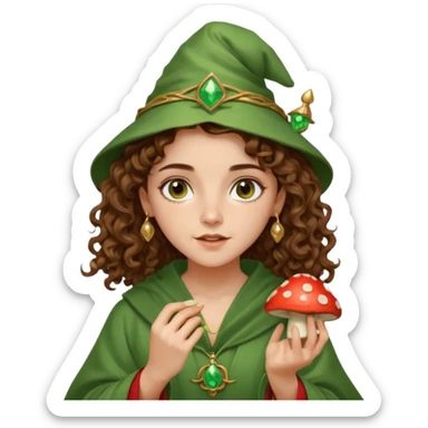very beautiful italian girl, hazelnut brown eyes, looking like Emma Watson, with curly and big volume very bright brown hair, and a golden piercing ring in nose on left side, dressed in a beautiful wizard robe of green colors, holding red fly mushroom sticker