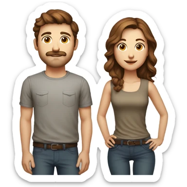 couple brown-haired man, 30 years old, cameraman, hipster, with small mustache, small belly, female, actress, with brown hair, thin sticker