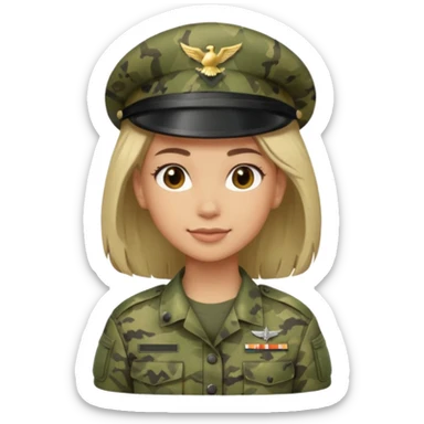 Female soldier emoji in Apple style, no cap/helmet, bust portrait, gentle smile, generic camo, hair visible, soft gradients, transparent PNG sticker