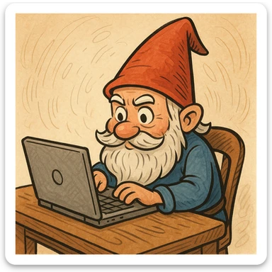 a gnome sitting at a laptop, working diligently, in a whimsical cartoon style sticker