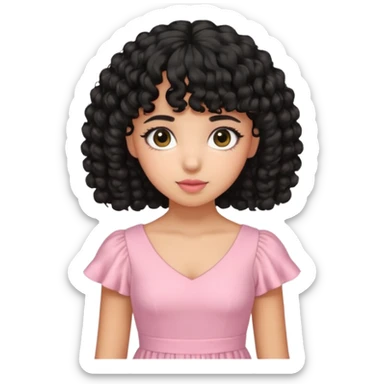 uma menina de pele oliva e cabelos pretos encaracolados e com franja encaracolada e um vestido rosa pastel sticker