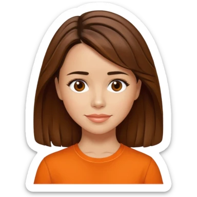 Linda Cardellni with brown hair, orange shirt sticker