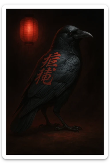 A crow with yakuza calligraphy tattooed on its back, standing confidently, with a hint of red lantern light sticker