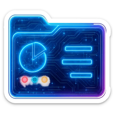 Transform the Windows Control Panel icon into a cyberpunk, holographic style with glowing neon blue and pink edges, circuit patterns throughout the entire icon, and a transparent background. Maintain the recognizable card shape, pie chart, and colored dots, overlaying neon and circuit effects in the same futuristic, clean style as previous cyberpunk icons. The whole icon should have a consistent cyberpunk glow and intricate circuit details in a futuristic, clean cyberpunk style. sticker