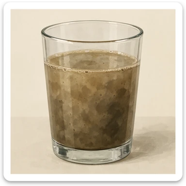 illustration of a glass filled with dirty water, focus on the murky liquid and glass transparency sticker