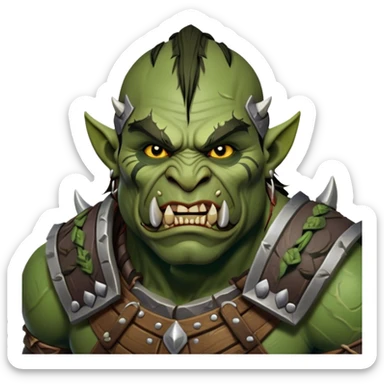 Cinematic Realistic WoW Orc Warrior Portrait, head tilted dramatically with an exaggeratedly amused expression, blending raw, primal might with a touch of unexpected humor. His battle-scarred green skin, robust muscles, and intricately detailed tribal armor in deep, earthy tones are rendered with lifelike texture and dynamic lighting, high shine, dramatic yet whimsical, capturing an orc warrior whose epic strength is matched by a playful, irreverent charm. sticker