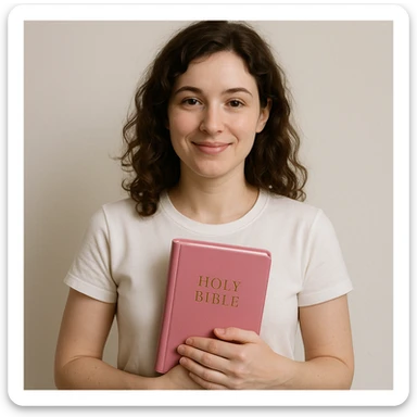 A pale woman with wavy brown hair, white t-shirt, holding a pink Bible, friendly expression, simple background sticker