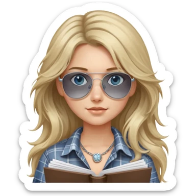 girl with long blond messy hair wearing grey plaid shirt with blue eyes and aviator sunglasses wearing a ring on her silver necklace, holding lawyer papers sticker