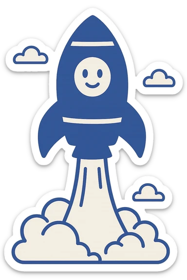 blue rocket ship blasting off with cartoon smoke, clean modern illustration style sticker