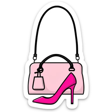 Girly fashion items like pink lipstick, high heels, and handbag sticker
