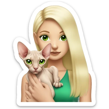 Sphynx cat with green eyes being held by pretty blonde girl  sticker